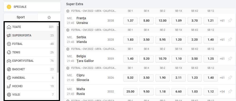 Platforma superbet.ro meniu